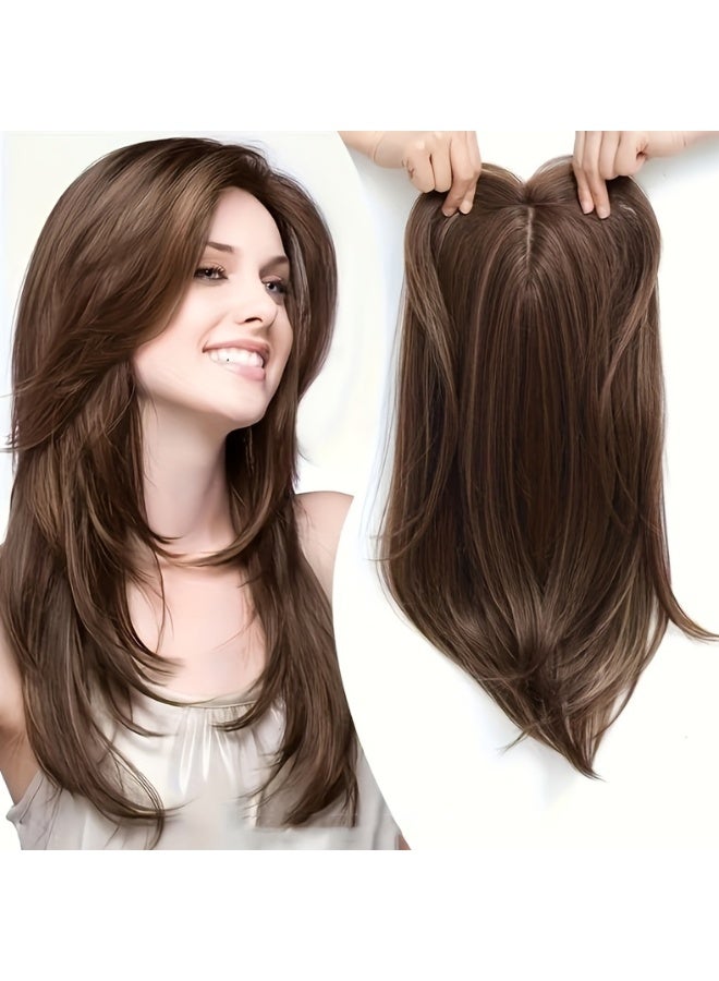 خاجول قطعة واحدة وصلات شعر بنية، وصلات شعر صناعية بطول 18 إنش مع قبعة قابلة للتعديل، وصلات شعر مشبكة و شعر مستعار بني للنساء، شعر صناعي/مستقيم لإضافة الحجم، والارتداء اليومي، والحفلات والكوزبلاي، بني مع لمسات ذهبية - Image 1